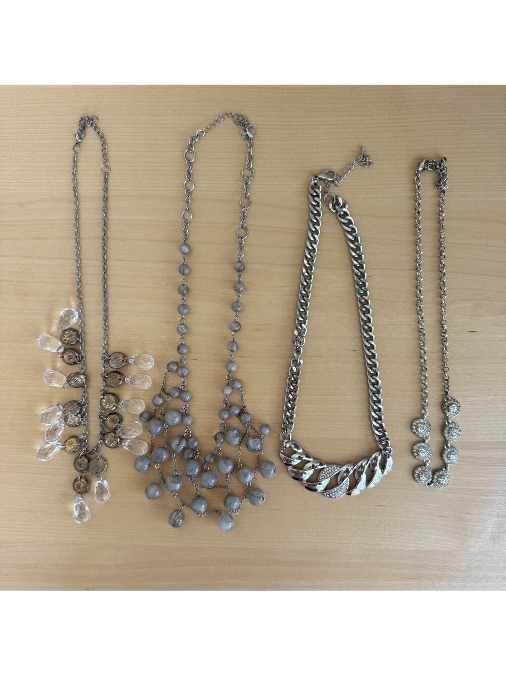 Lot of 4 Silver Tone Costume Necklaces Crystal Bead Chain Statement Modern